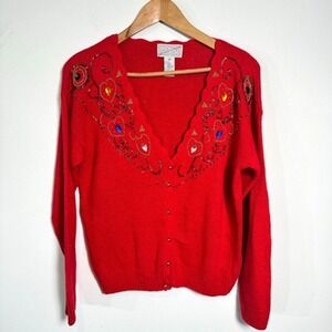 Spice of Life Red Beaded Heart Embellished V Neck‎ Cardigan Sweater Size S